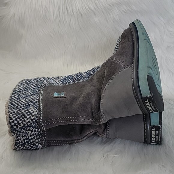 SOREL Blue White Knit Gray Suede Girl's Pull On Mid Calf Winter Boho Boots 2 - Picture 3 of 13